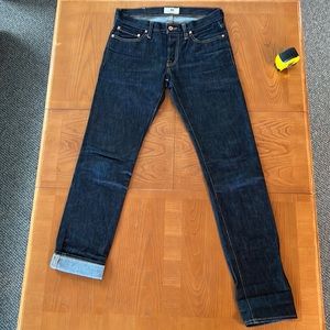 Slim raw jeans. Great jeans- just a little big for me. Tellason Stock.